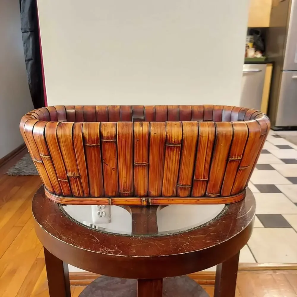 Vintage Mid Century Italian Rattan Bamboo & Wood Planter or Centerpiece Basket